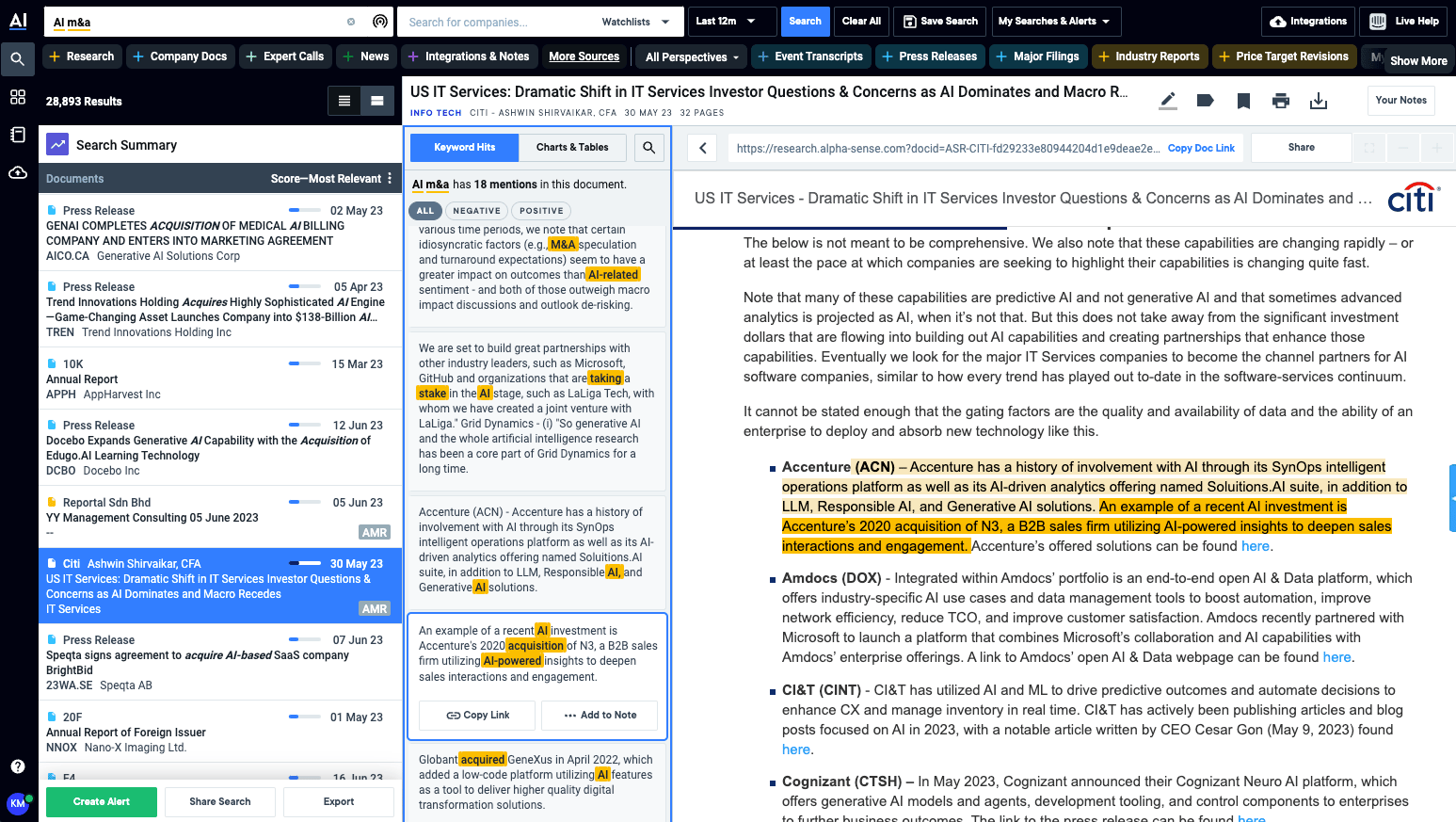 AlphaSense semantic search surfacing insights from NBFC earnings call transcripts for an Indian M&A advisory engagement