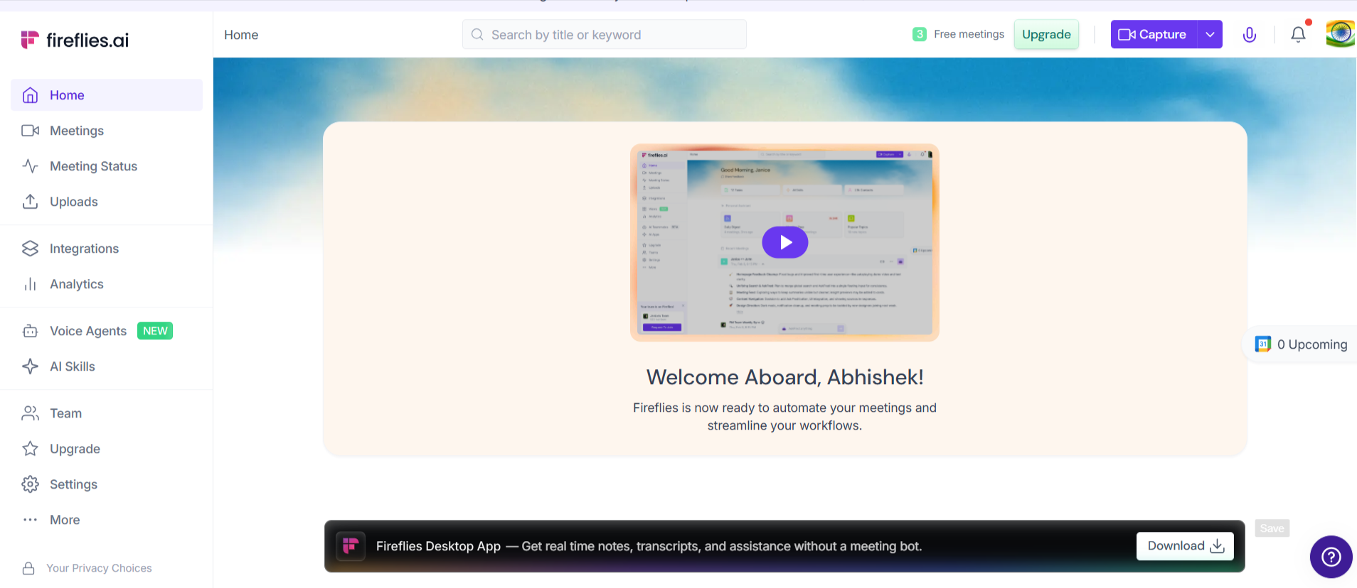 Fireflies.ai transcript of a client discovery call showing speaker attribution, action items, and key decisions