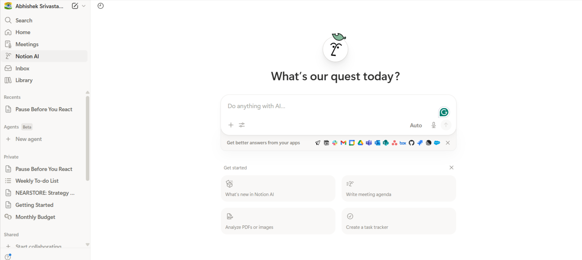 Notion AI workspace showing a consultant's client project tracker, SOW template, and meeting notes in one view