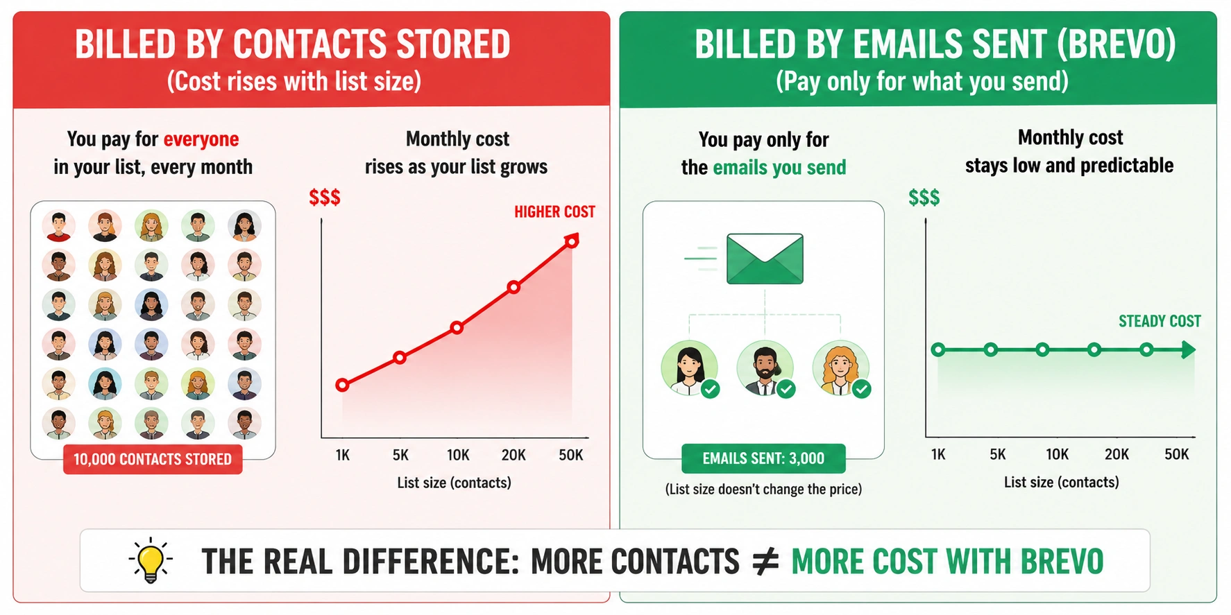 Diagram comparing contact-based and send-based email marketing pricing models