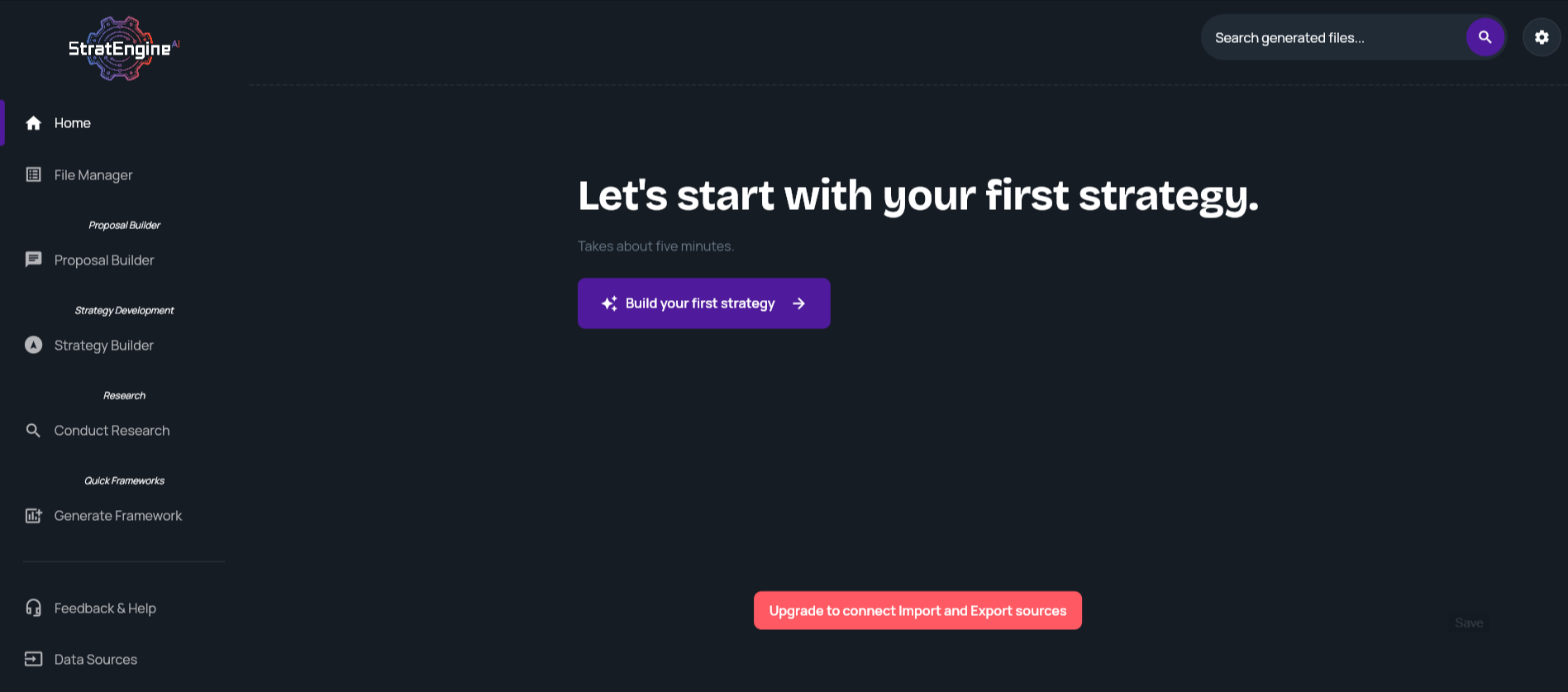 StratEngineAI framework library showing Porter's Five Forces, SWOT, and Blue Ocean Strategy options for consultants
