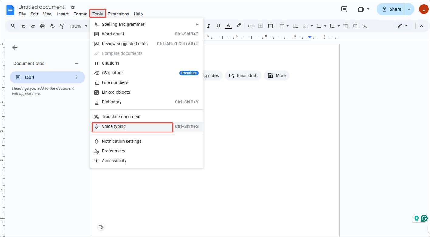 Google Docs Voice Typing microphone popup showing live speech-to-text input inside a document on Chrome browser