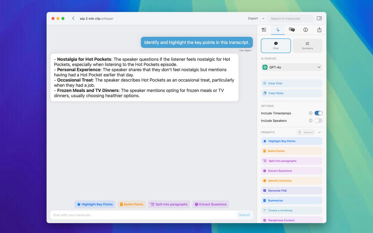 MacWhisper transcription interface on macOS showing audio file transcription, speaker labels, and export options