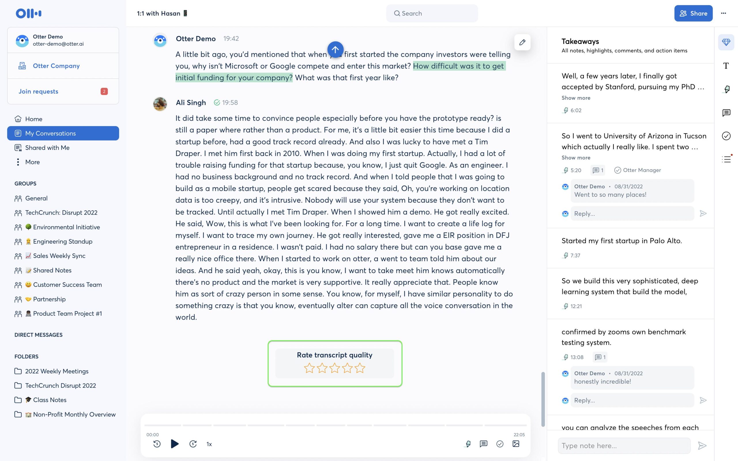 Otter.ai live transcription view during a Zoom call, showing speaker identification and real-time captions