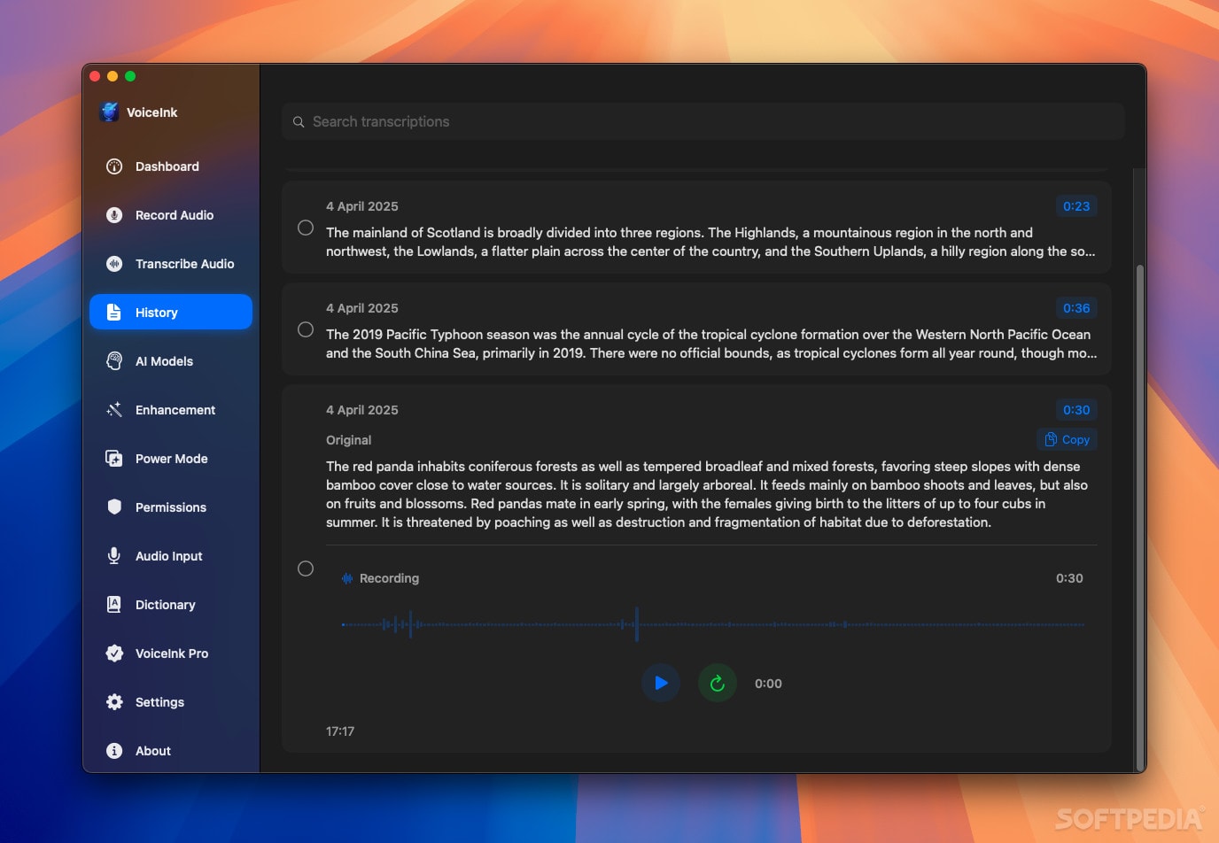 VoiceInk Power Mode configuration screen on macOS Sonoma, showing per-app dictation settings