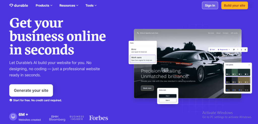 Create a professional website with Durable AI