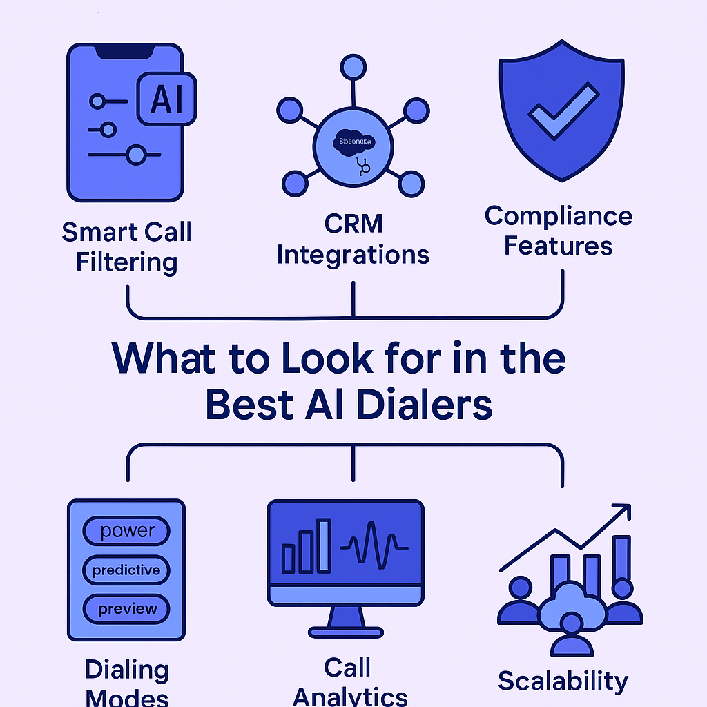 Illustration showing what to look for in the best ai dialers.