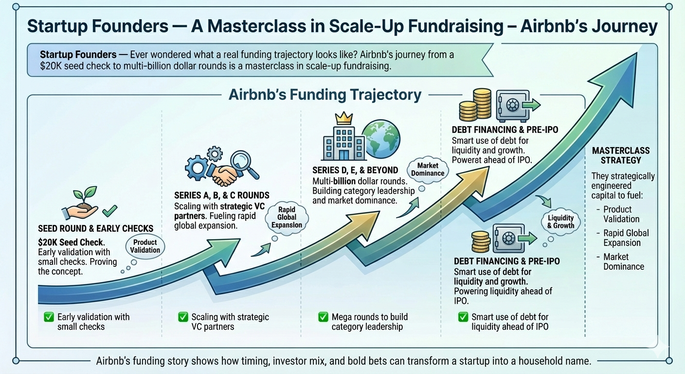 Airbnb human connection case study infographic illustrating funding stages from early seed rounds to IPO and $100B valuation.