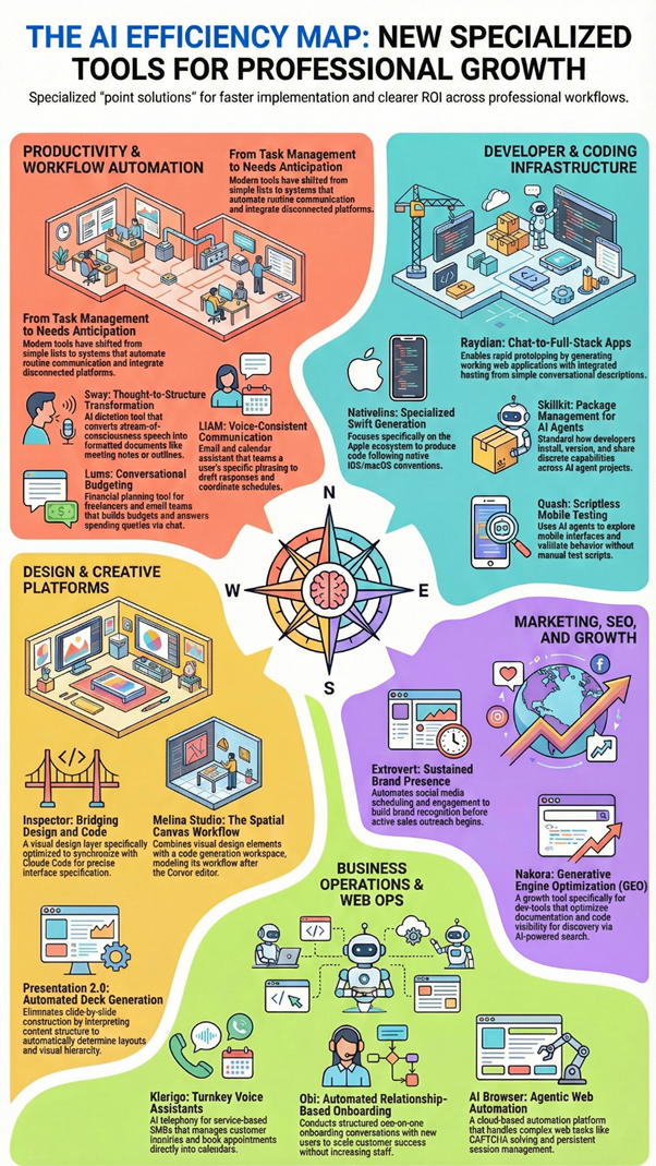 How AI productivity tools for professionals streamline tasks and decision-making: AI efficiency map infographic highlighting specialized tools for productivity automation, developer infrastructure, creative design, marketing, and business operations.