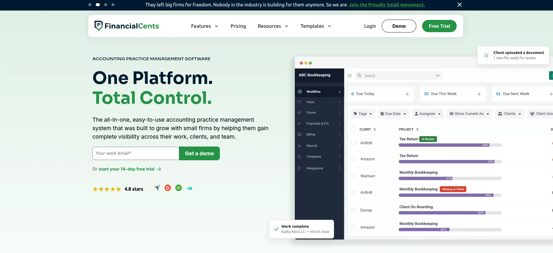 Financial Cents practice management software showing the workflow dashboard with recurring client tasks, deadline tracking, and capacity management for a small accounting firm
