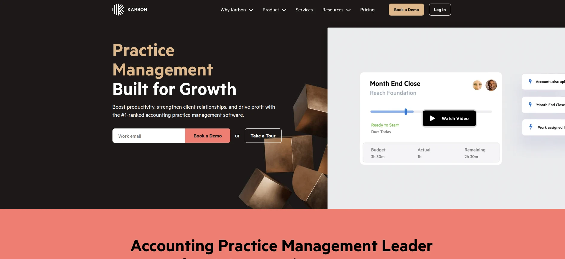 Karbon practice management software interface showing the Work dashboard with team task assignments, email-embedded workflow, and client job status across an accounting firm