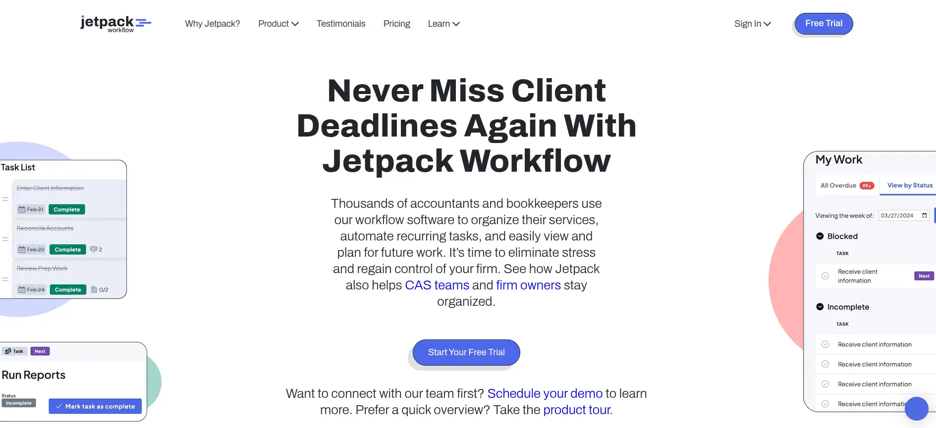 Jetpack Workflow interface showing recurring accounting workflow templates with task checklists and deadline tracking for a small bookkeeping firm