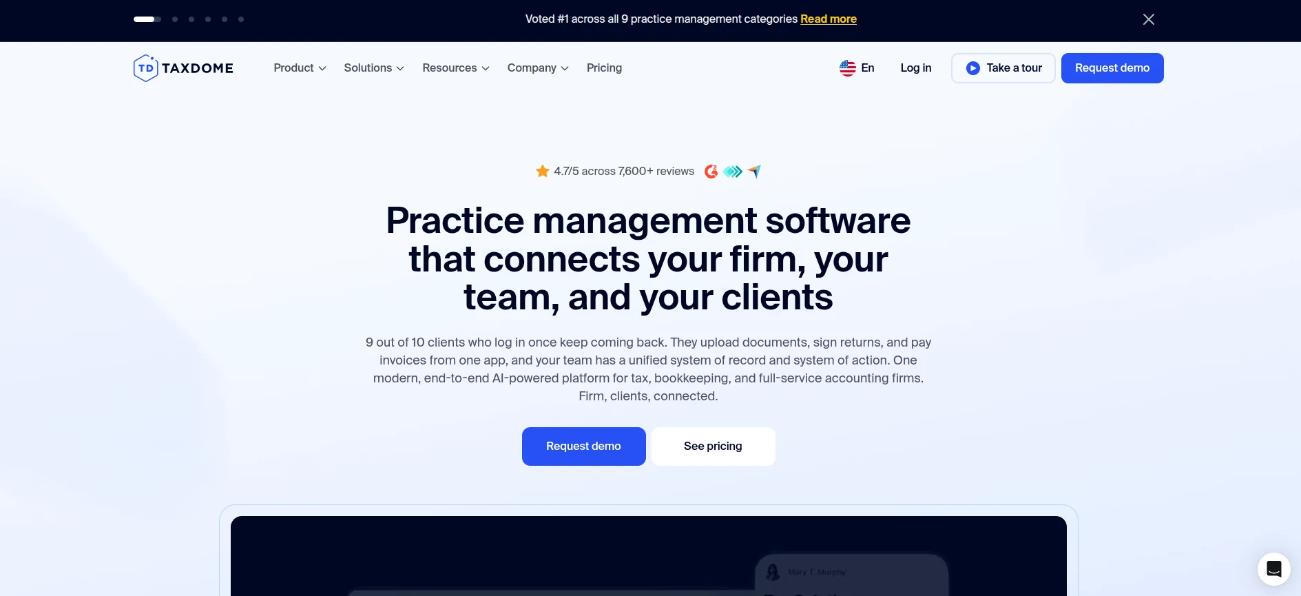 TaxDome accounting practice management platform showing the client portal with document upload, e-signature request, and invoice payment in a single mobile-friendly interface