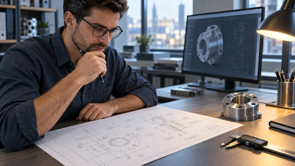 Engineer reviewing an ASME Y14.5 GD&T engineering drawing with tolerance callouts at a workstation