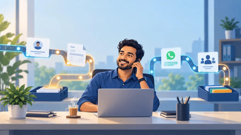 Small business owner working calmly while AI automation handles repetitive tasks like leads, invoices and WhatsApp messages in the background