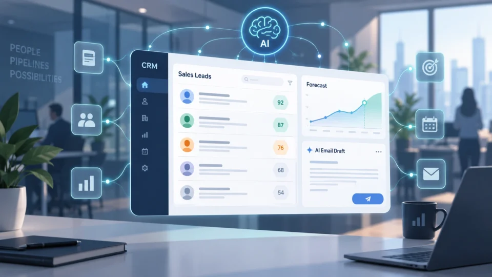 AI CRM in 2026 — an intelligent CRM dashboard ranking leads and drafting follow-ups