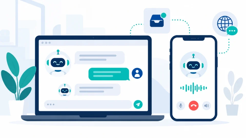 AI customer service dashboard showing chatbot, voice agent and ticket automation working together