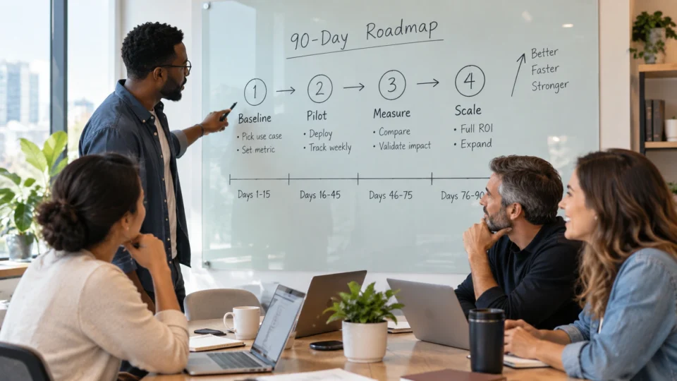 Small business team planning an AI implementation roadmap on a whiteboard