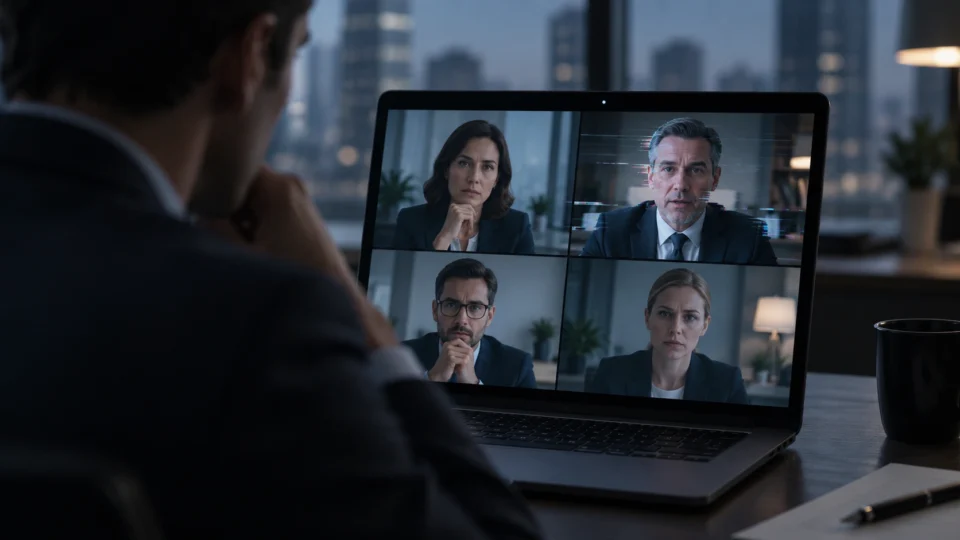 Deepfake video call showing multiple AI-generated executives on screen during a business meeting