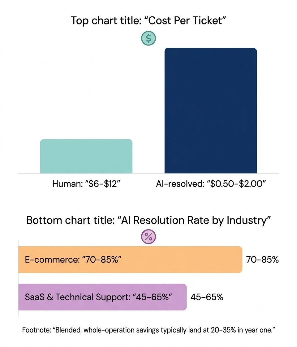 Chart comparing cost per support ticket for human agents versus AI resolution, and AI resolution rates by industry