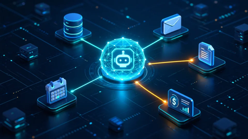 Agentic AI security concept showing autonomous AI agents taking actions across connected enterprise systems
