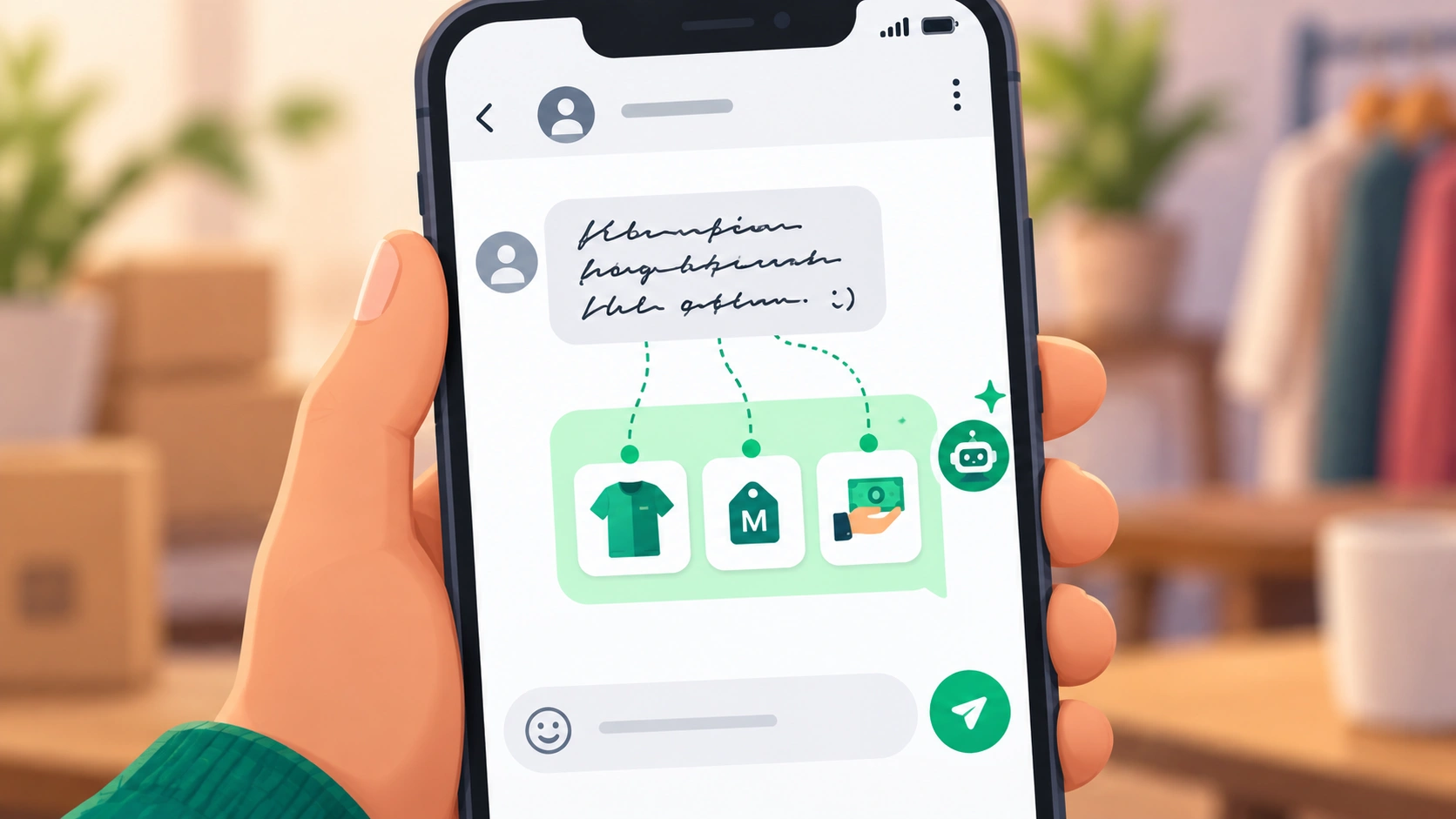 WhatsApp AI chatbot understanding a customer's casual message about product size and COD