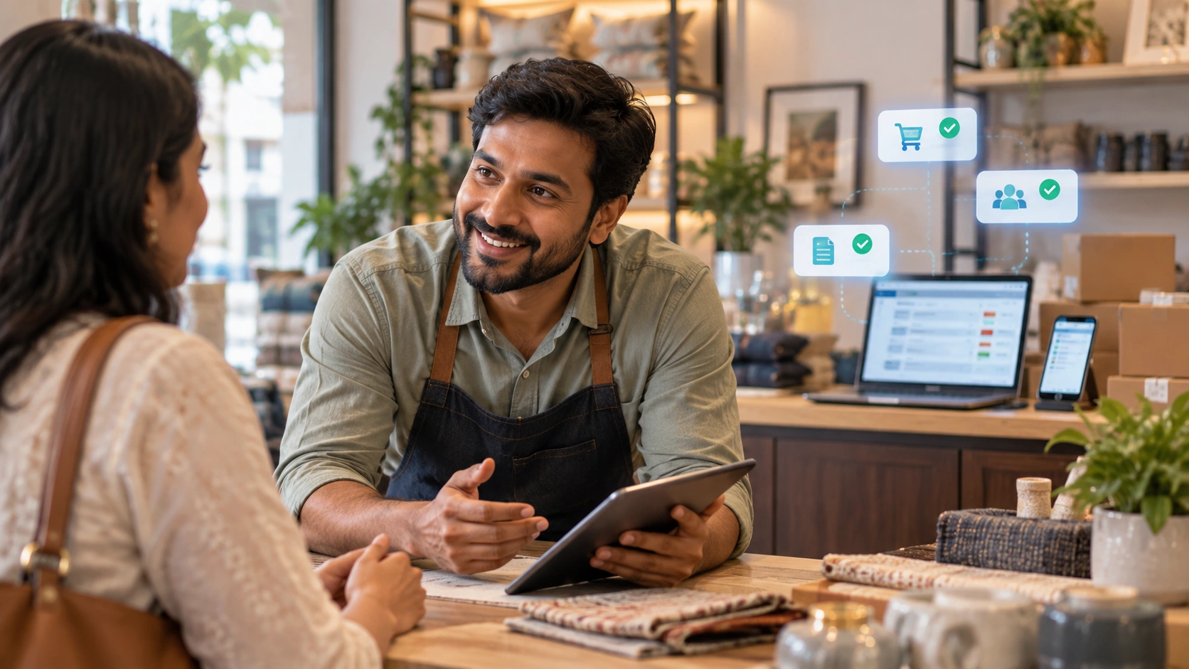 Small business owner handling a sensitive customer conversation in person while routine tasks run automatically in the background