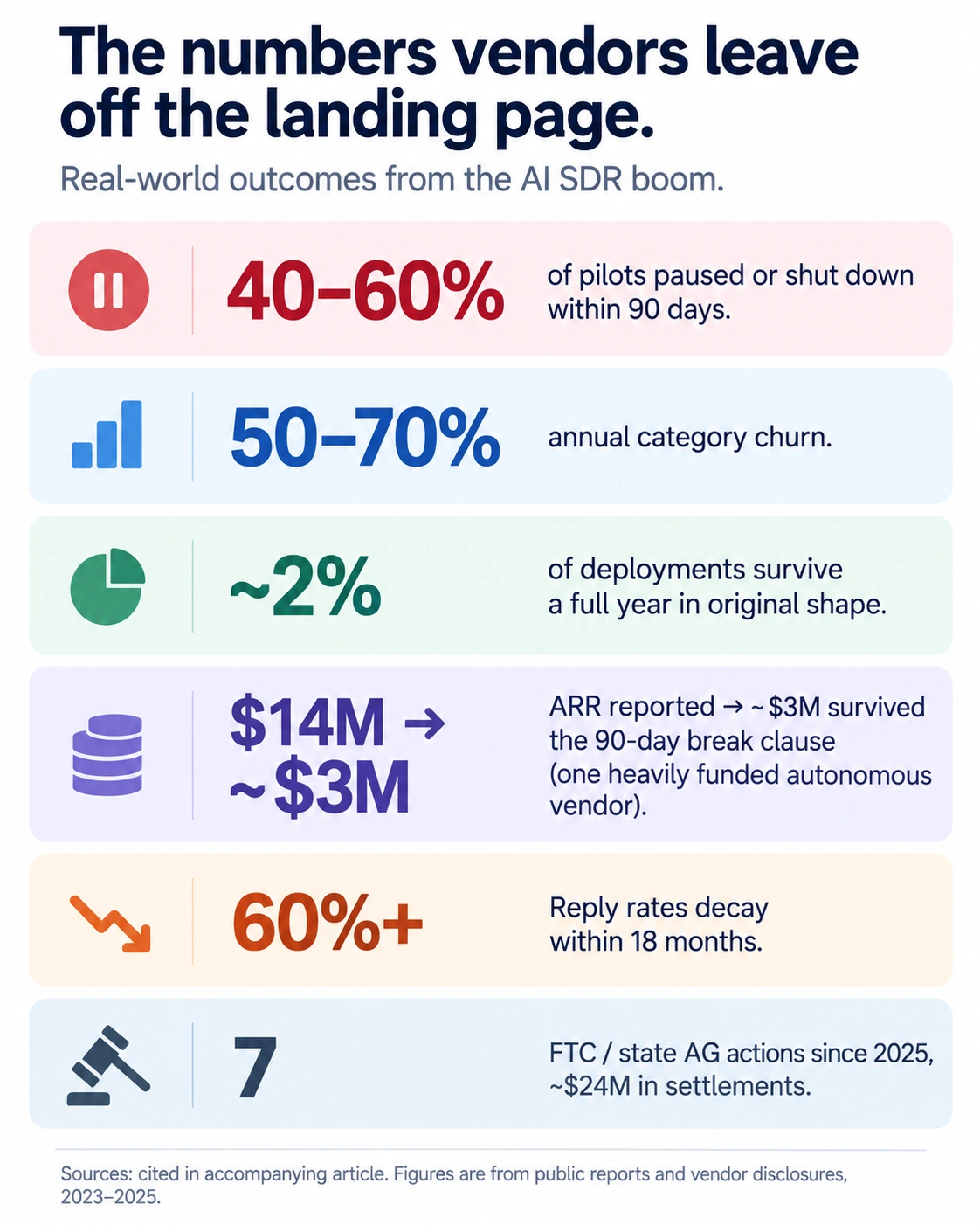 Key failure statistics for AI SDR deployments including pilot pause and churn rates