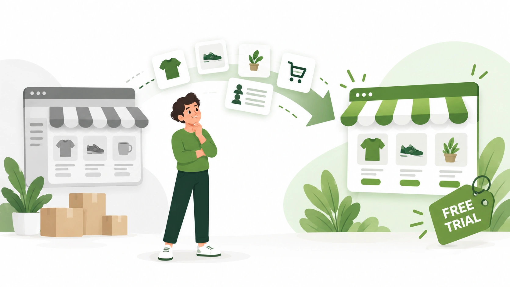 Merchant migrating store data from another e-commerce platform to Shopify during a free trial