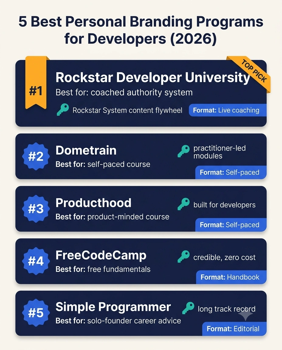 Comparison of the 5 best personal branding programs for software developers ranked #1 to #5 in 2026