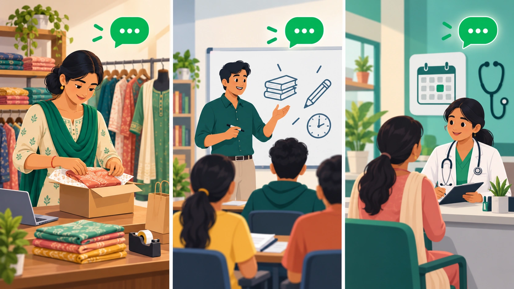 Indian businesses using WhatsApp AI automation: D2C clothing brand, coaching institute, and clinic