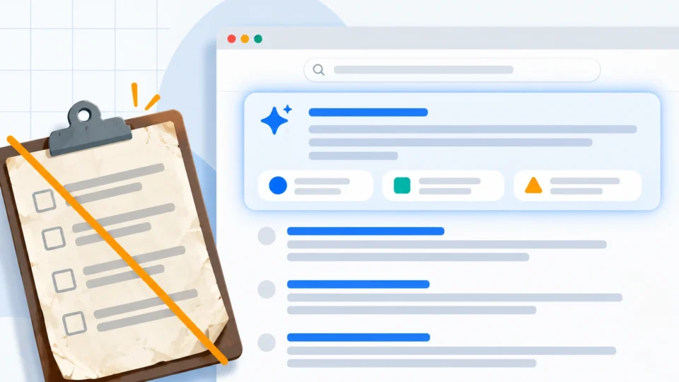SEO in 2026: search results page with an AI summary above traditional blue links