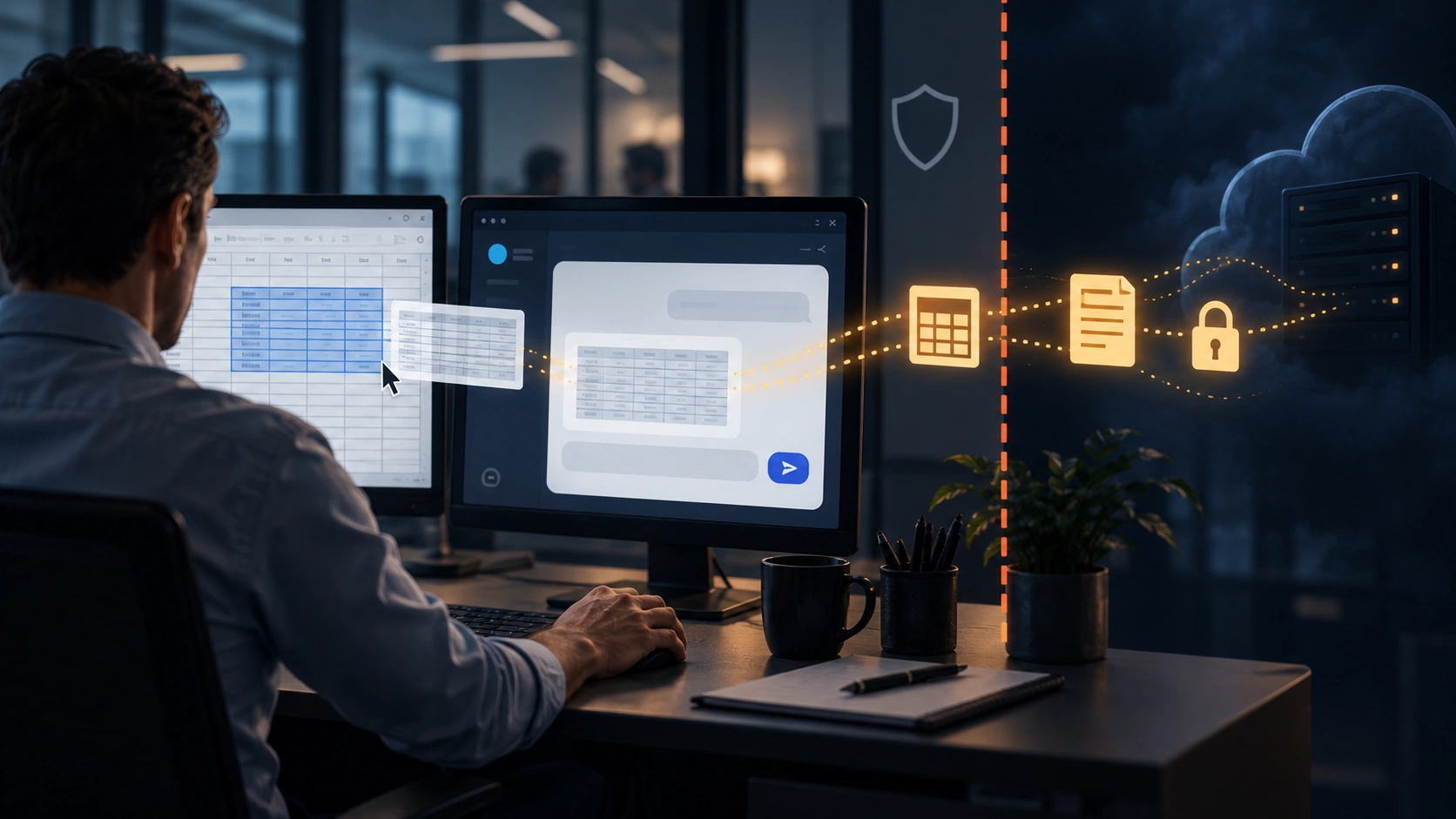 Employee pasting company data into an unapproved AI chatbot, with data flowing out to an unknown external cloud