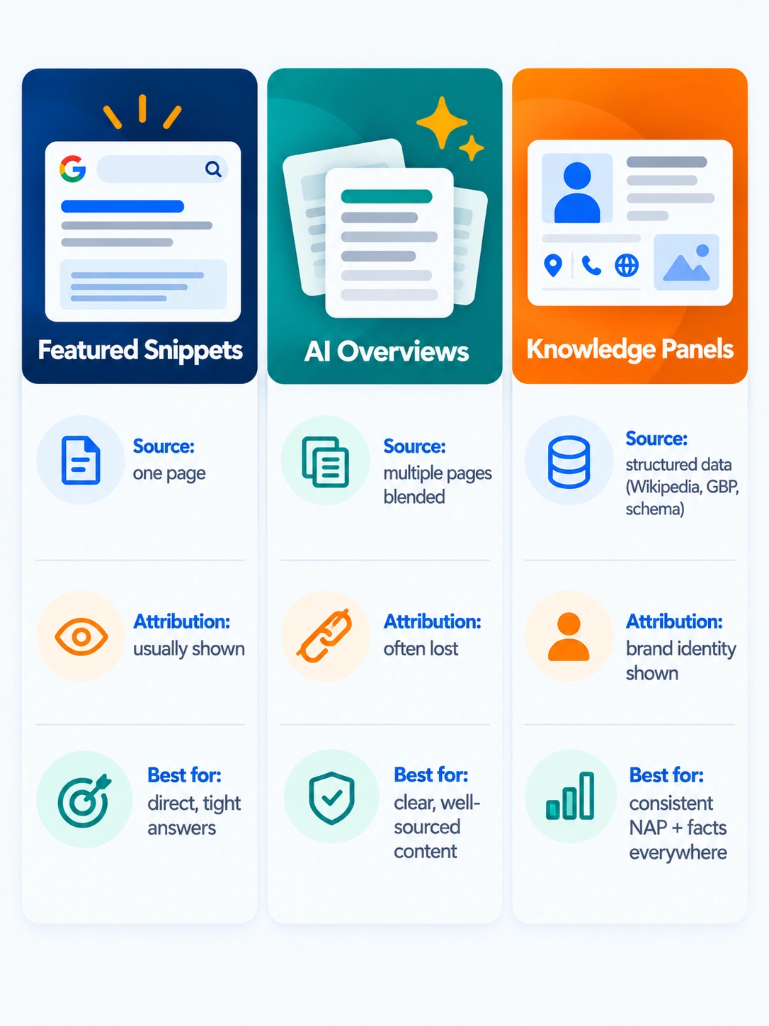 Comparison chart of featured snippets, Google AI Overviews, and knowledge panels showing source, attribution, and link behavior