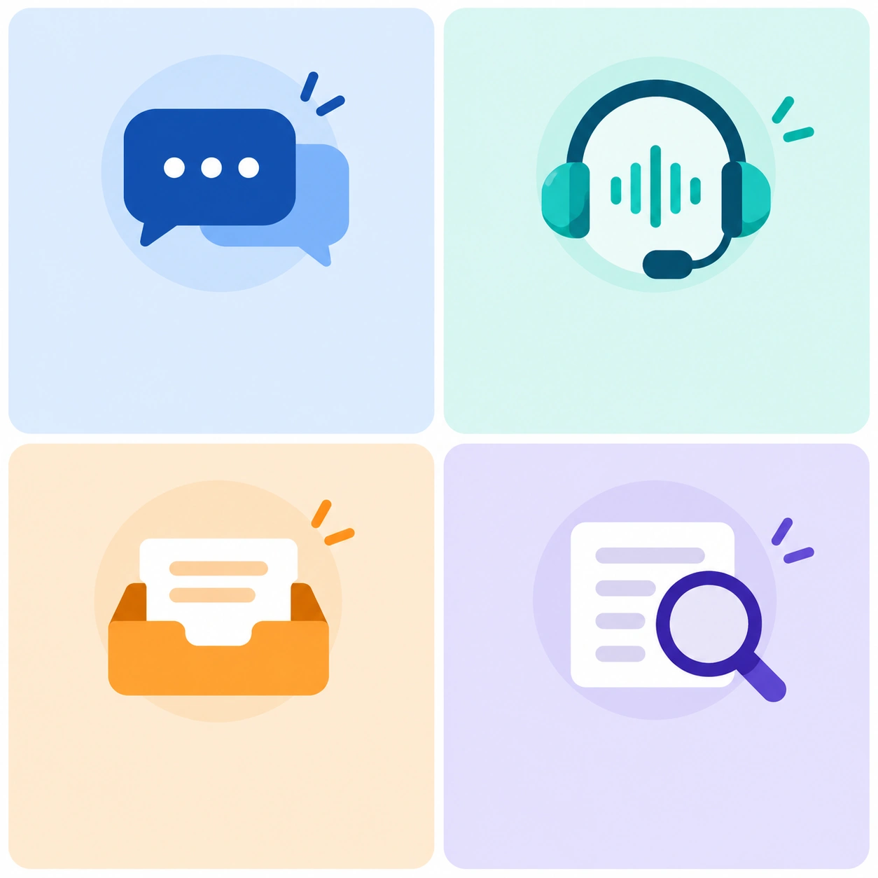 Infographic showing the four components of AI customer service: chatbots, voice agents, ticket automation and intent detection