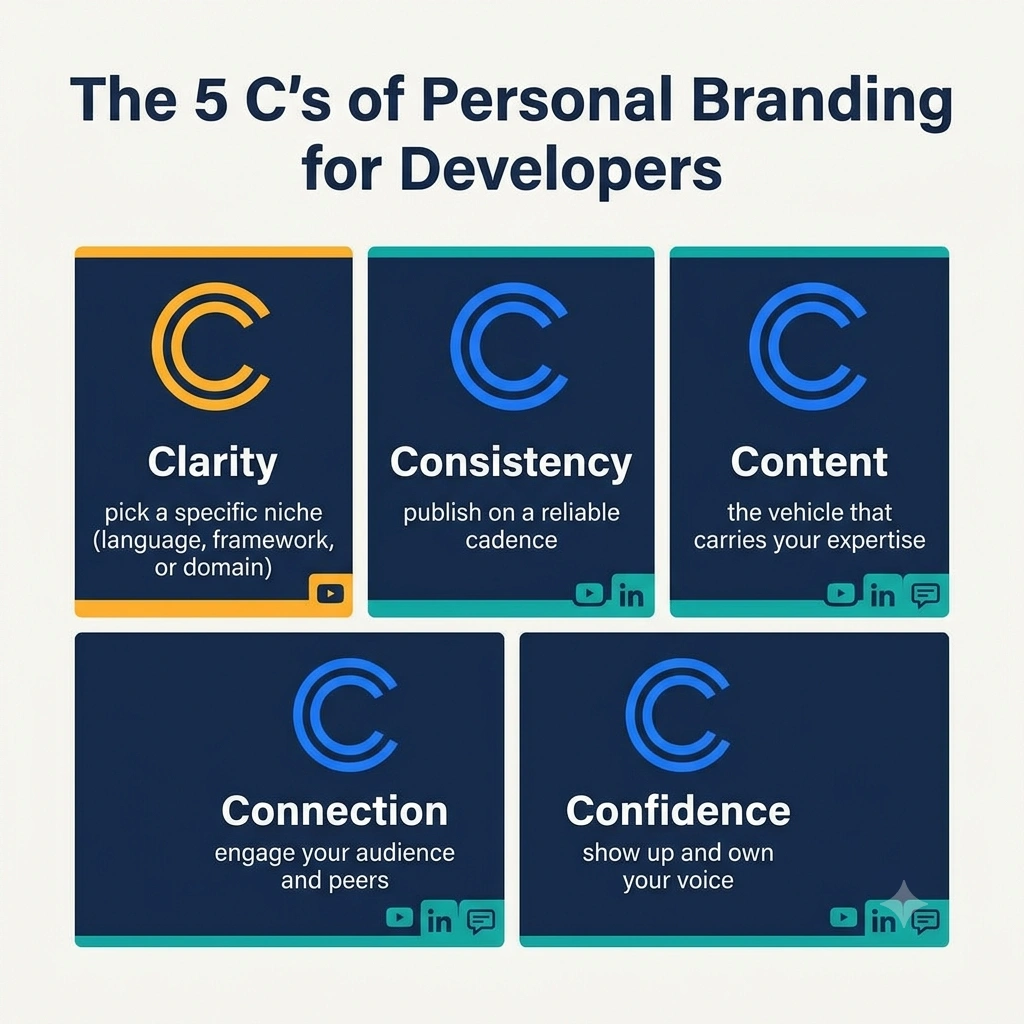 The 5 C's of personal branding for software developers: clarity, consistency, content, connection, confidence