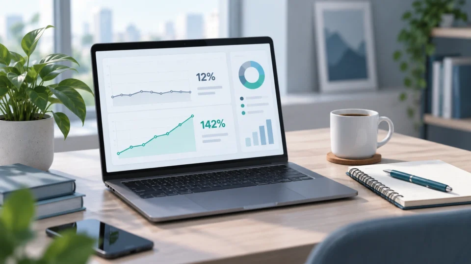 Business owner reviewing AI spending data on a laptop dashboard showing mixed profit signals