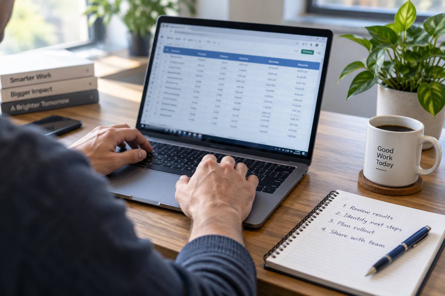 Business owner reviewing a workflow audit spreadsheet before starting AI implementation