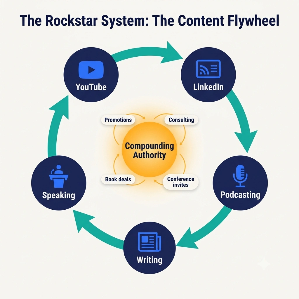The Rockstar System content flywheel connecting YouTube, LinkedIn, podcasting, writing and speaking