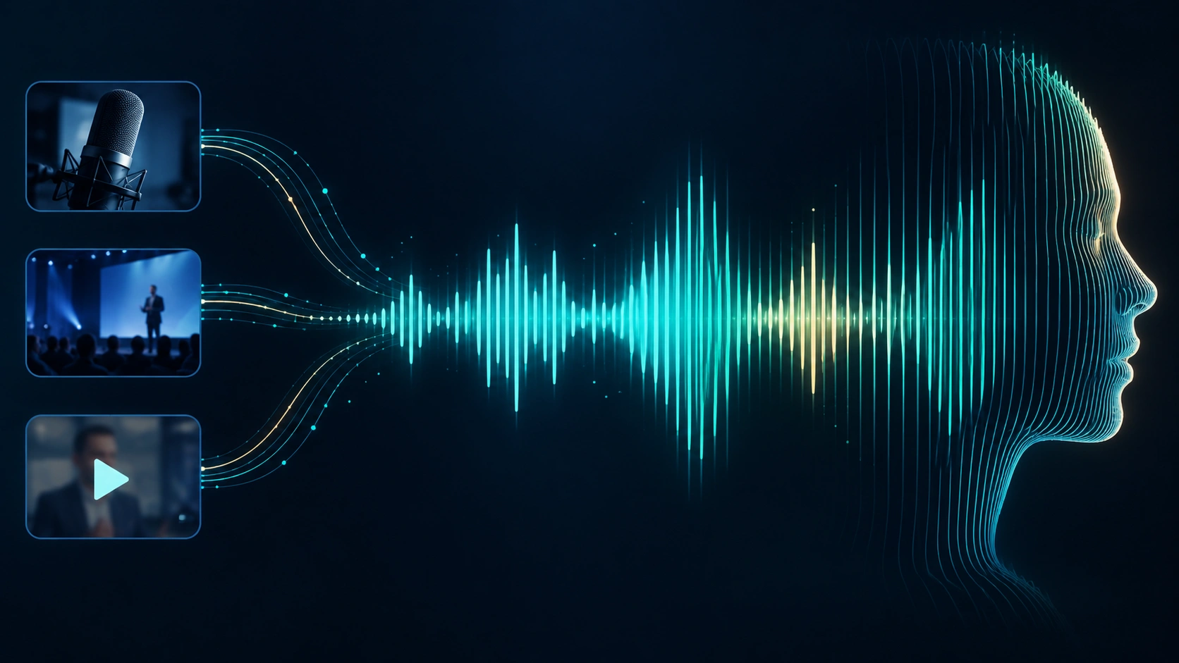 Audio waveform transforming into a human face silhouette, illustrating AI voice cloning from short recordings