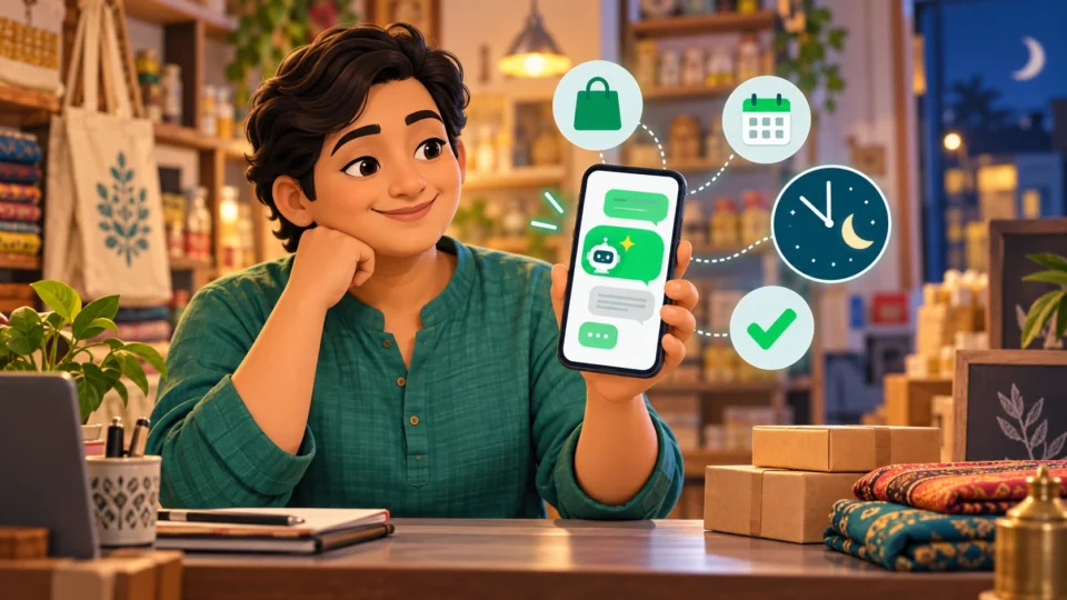 Indian small business owner using WhatsApp AI automation on a smartphone to manage customer chats