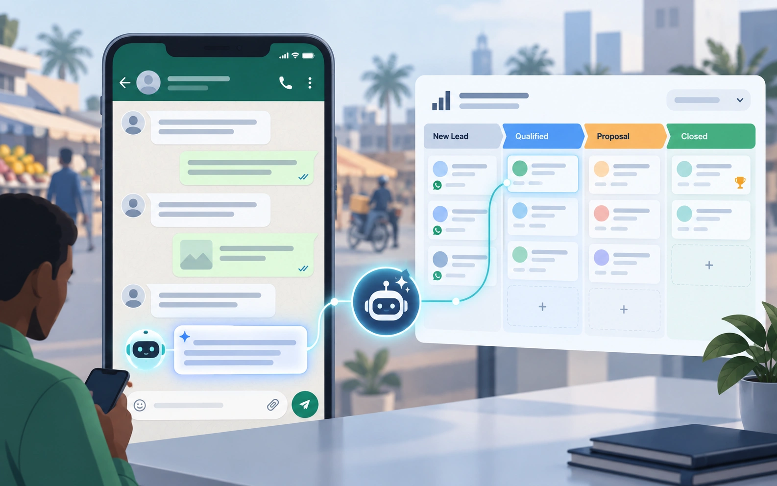 WhatsApp CRM connecting a sales pipeline to customer chats with an AI chatbot