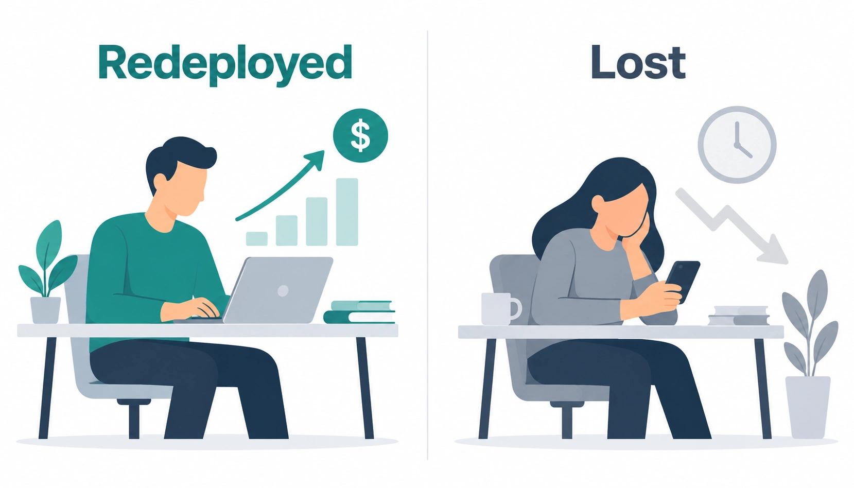 Illustration showing two paths for an employee's saved hours — one redeployed into productive work, one lost to distraction