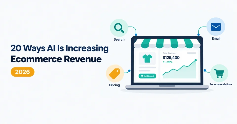 Illustration of an online store dashboard with a rising revenue chart and icons for AI search, email, pricing and recommendations