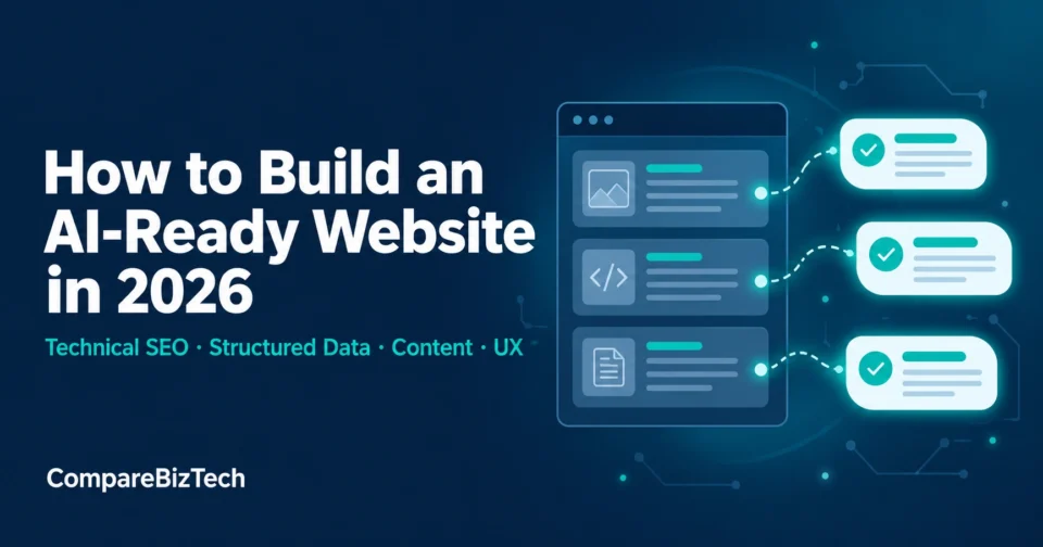 Illustration of website content blocks flowing into AI chat answers, titled How to Build an AI-Ready Website in 2026