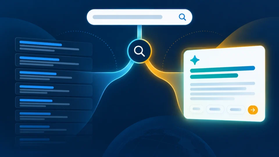 Traditional search results splitting into an AI-generated answer, illustrating AI search in 2026