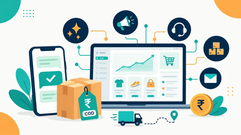 Illustration of an Indian online store dashboard with a smartphone chat, COD parcel and AI sparkles representing AI tools for ecommerce in India