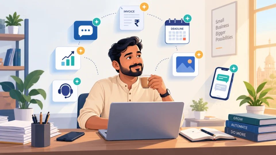 Indian small business owner juggling marketing, sales and GST tasks — the best AI tools for small businesses in India in 2026