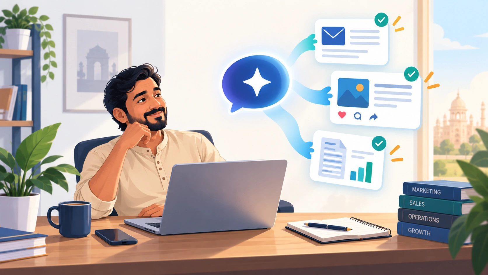 Indian small business owner using an AI assistant on a laptop to draft emails, captions and explain a legal clause