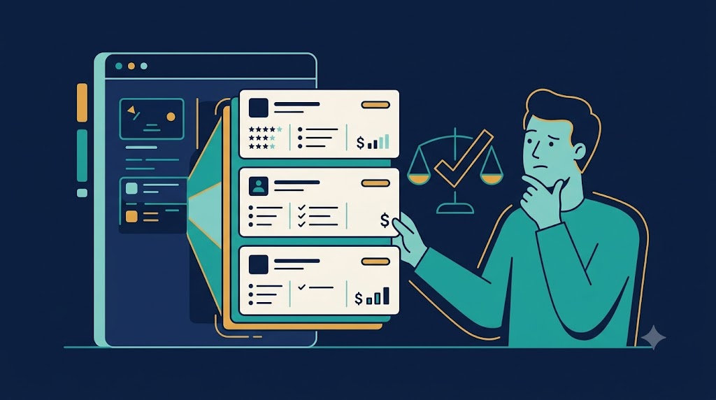 AI assistant comparing software product options for a buyer, representing ChatGPT search for purchase decisions